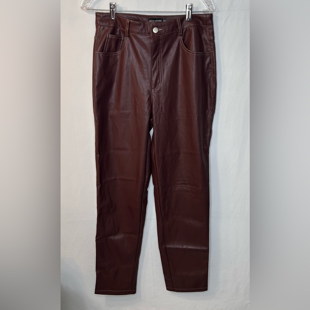 PrettyLittleThing Dark CHOCOLATE FAUX LEATHER Contrast Stitch Straight Leg SZ 8